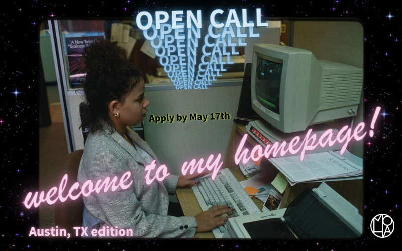 Banner for the Open Call featuring an archival image of a woman using a computer.