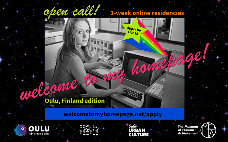 Banner for the Open Call featuring an archival image of a woman using a computer.